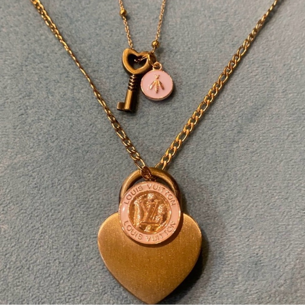 LV Stamped Button and Heart Lock Pendant Set